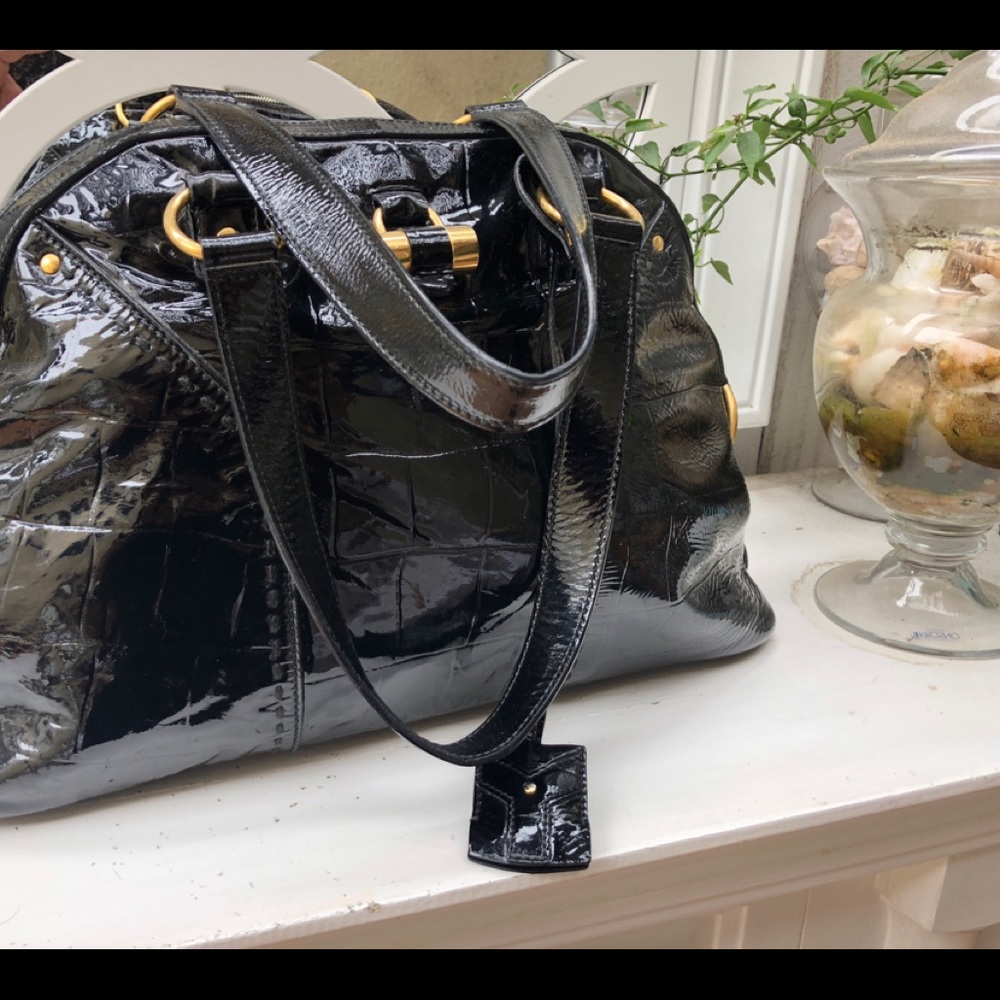 YSL Black Patent Leather Crock Embossed Muse Bag